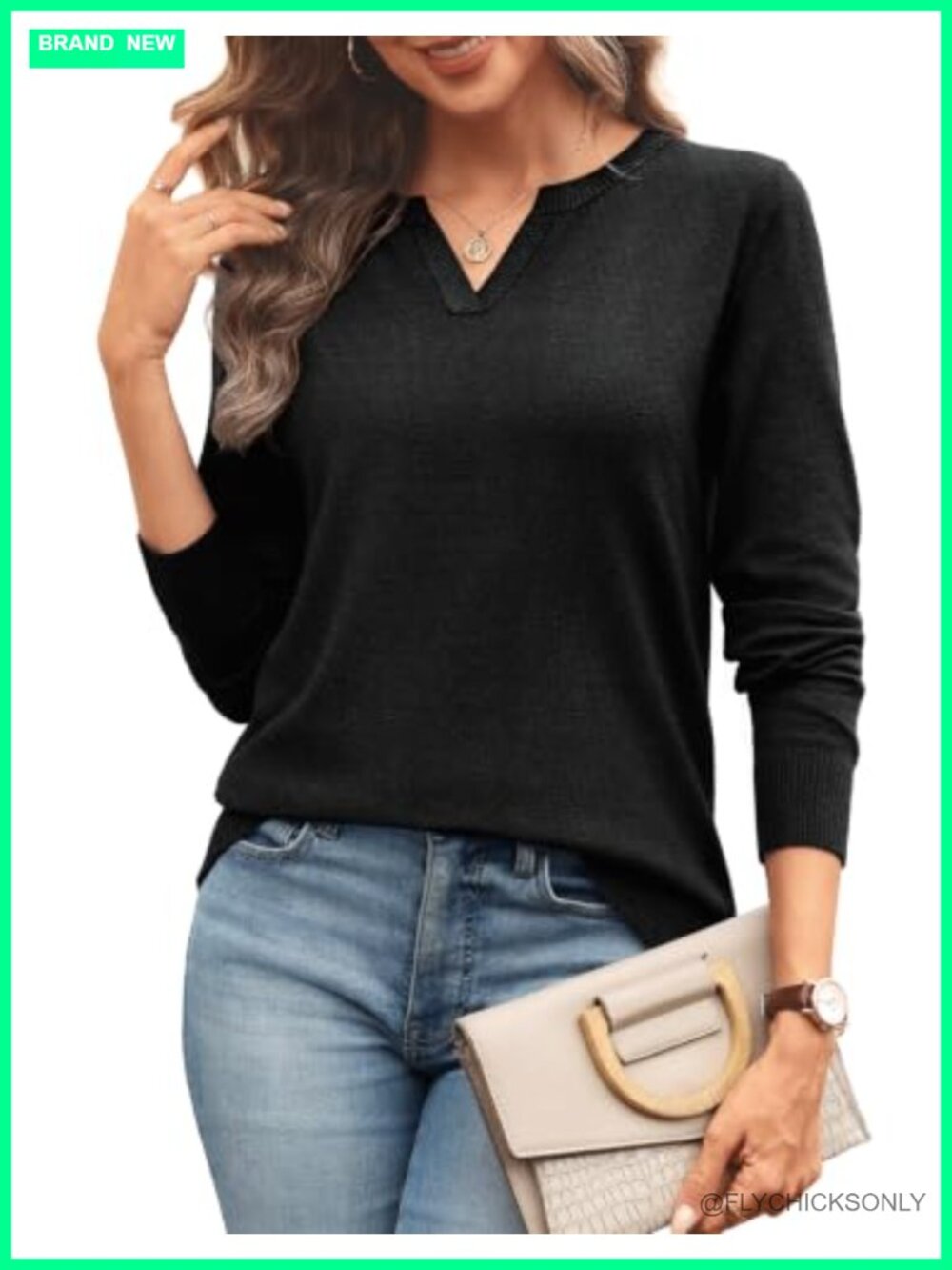 WIHOLL V Neck Long Sleeve Knit Pullover Sweater Lightweight Women's